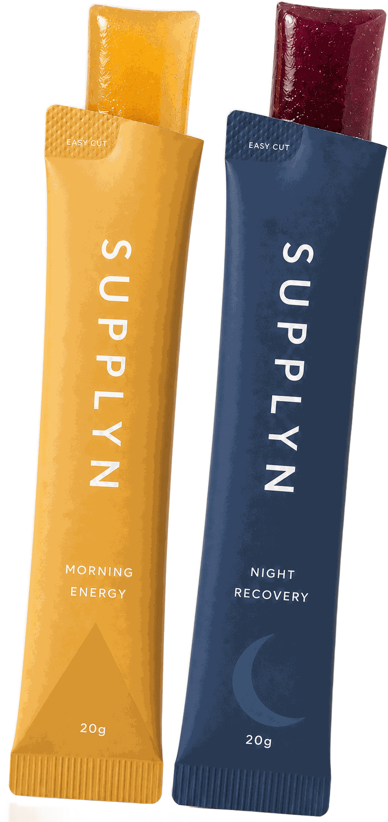 Supplyn Morning Energy and Night Recovery jelly sticks tilted side by side, fruity gel showing at the easy-cut tops