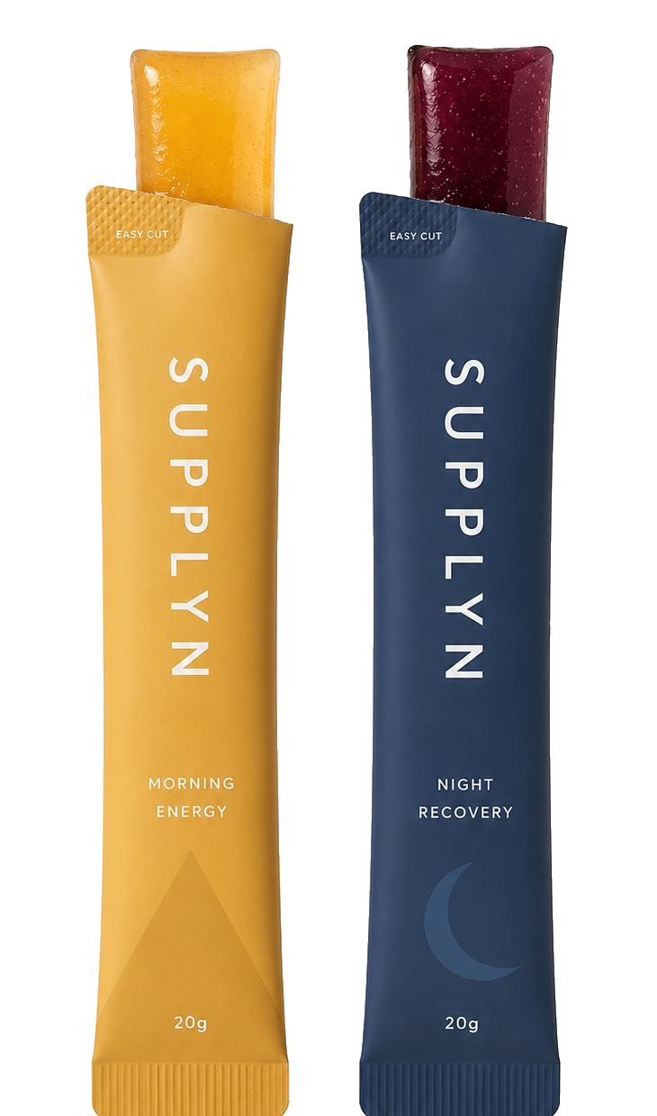 Supplyn Morning Energy and Night Recovery jelly sticks side by side, fruity gel showing at the easy-cut tops